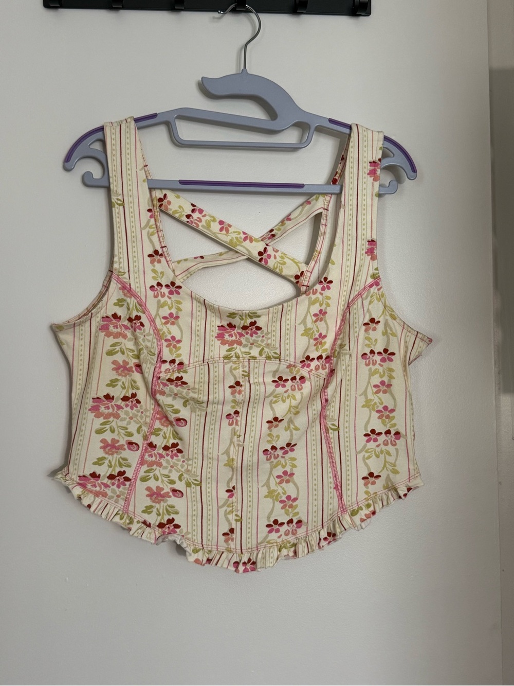 Free People Cream Floral Stripe Crop Tank with Crisscross Back
